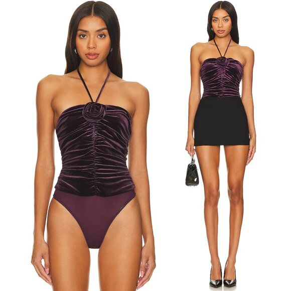 CAMI NYC Lupita Velvet Ruched Bodysuit in Eggplant - Size 00